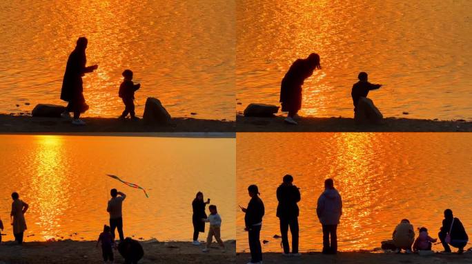 东昌湖边夕阳一家人散步