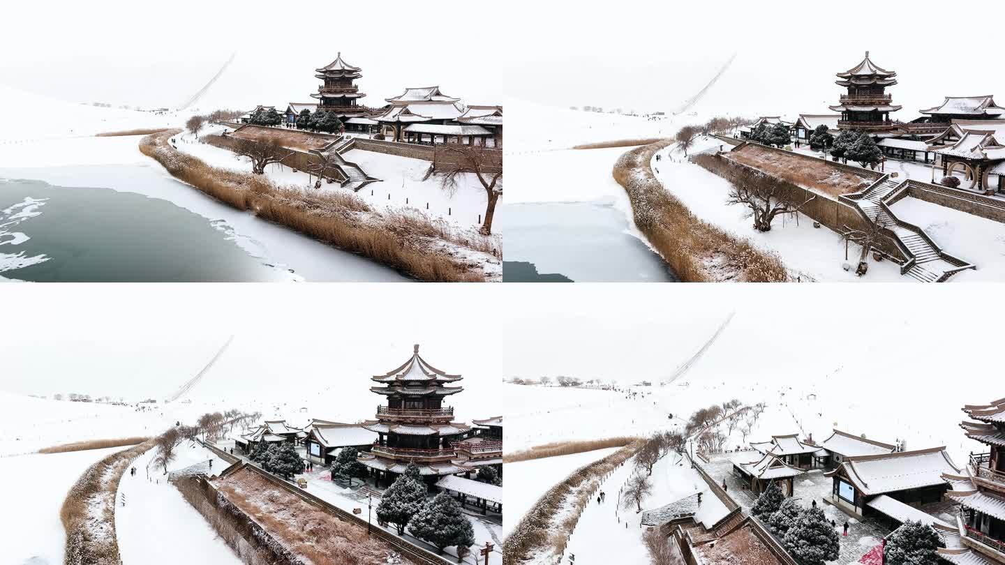 鸣沙山月牙泉雪景4k素材