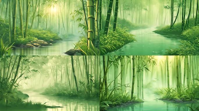 卡通竹林水彩画背景