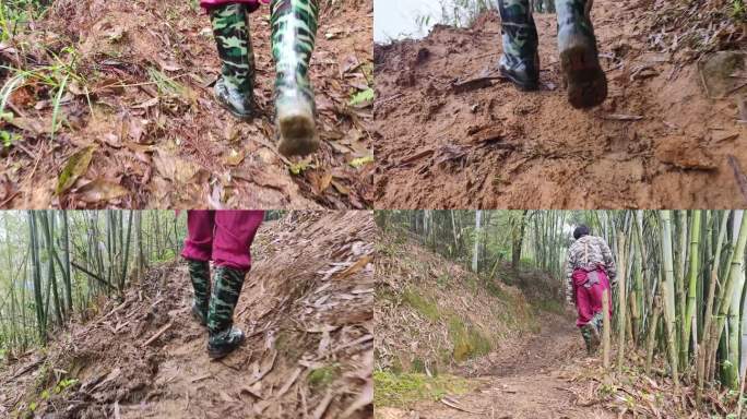 爬山脚步特写登山爬山脚步踏上泥地红土路