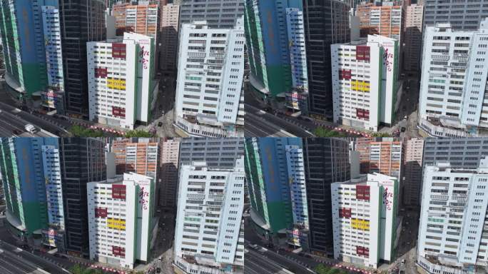 荃湾葵涌和青衣是一个商业和住宅的海滨卫星城，建在香港新界的一个海湾上，航拍无人机城市的天景