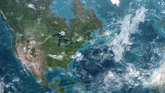 从地球上放大到美国马萨诸塞州。美利坚合众国的卫星图像。电影世界地图动画从外太空到领土。美国的概念，亮