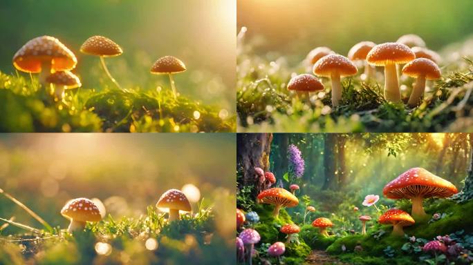 山林清晨阳光蘑菇特写 微距拍摄