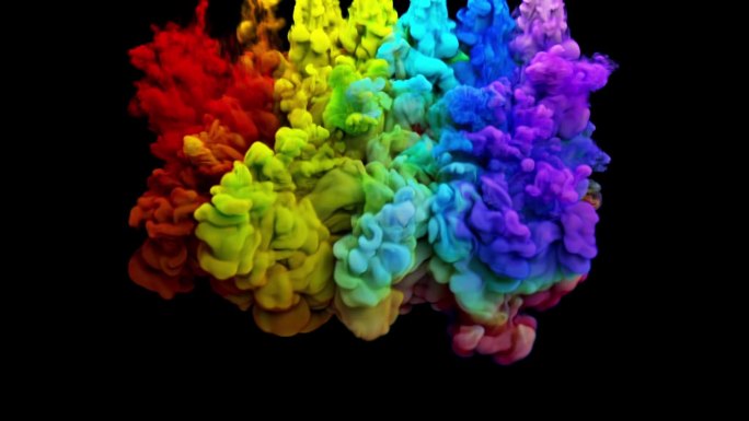 彩虹色墨水落在水中3d动画与alpha通道