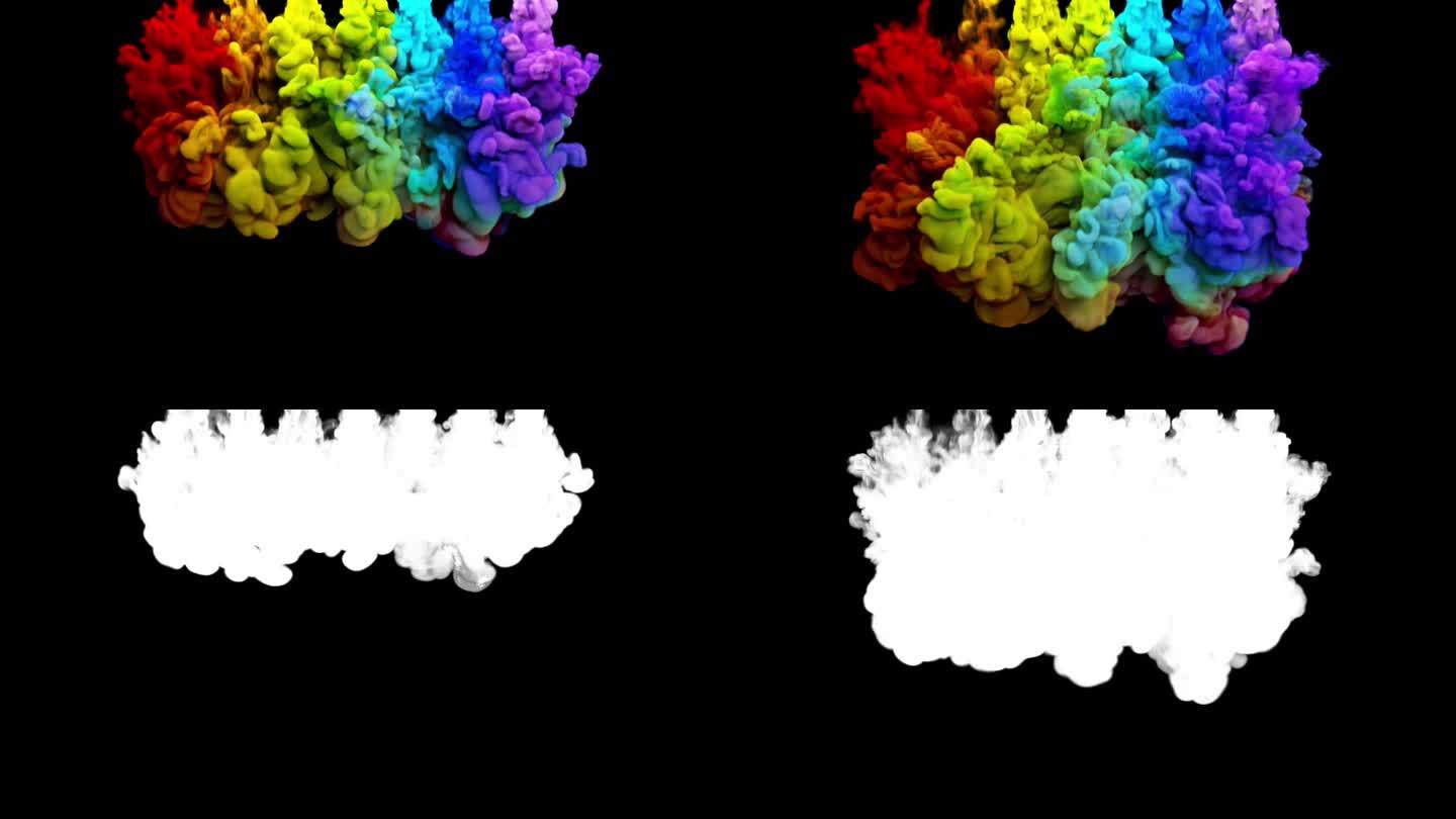 彩虹色墨水落在水中3d动画与alpha通道