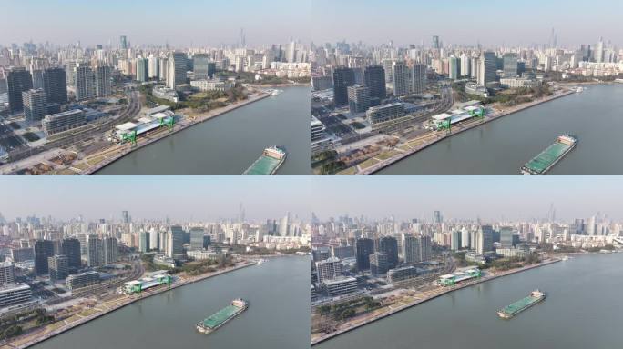 航拍上海黄浦江西岸星美术馆建筑城市高楼