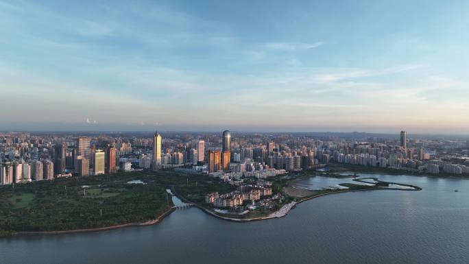 航拍海南海口龙华区国贸中央商务区晚霞景观