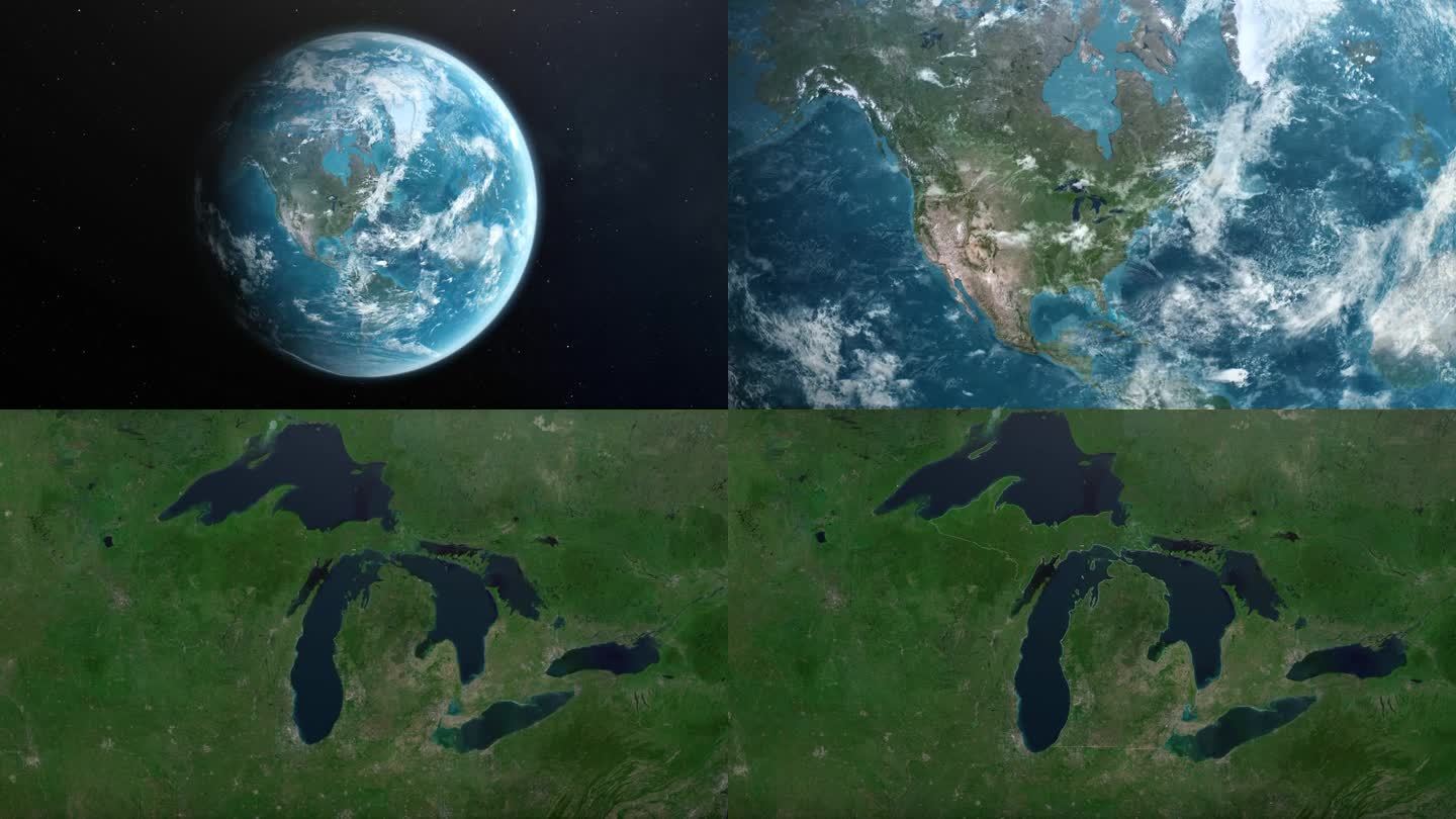 从地球上放大到美国密歇根州。美利坚合众国的卫星图像。电影世界地图动画从外太空到领土。美国的概念，亮点
