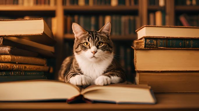 书架上的守望者：古老书房中的猫咪日常