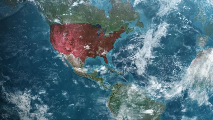 从地球上放大到美国佛罗里达州。美利坚合众国的卫星图像。电影世界地图动画从外太空到领土。美国的概念，亮