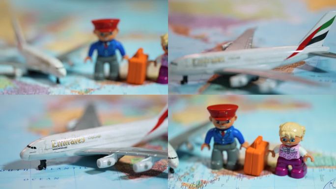 乐高玩具人偶乘飞机旅行写意升格空镜