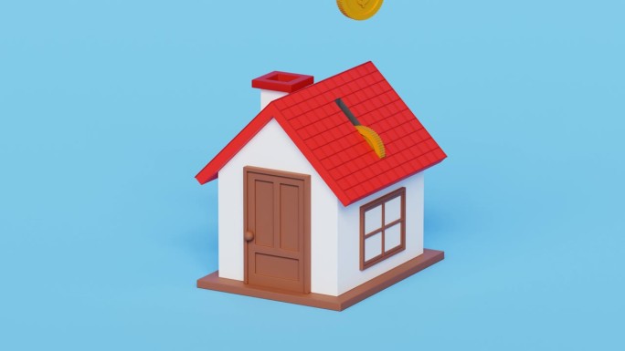 为将来的住房储蓄收入。房地产收入。物业投资及房屋按揭。租金收入。3D房子就像装满金币的存钱罐。4k 