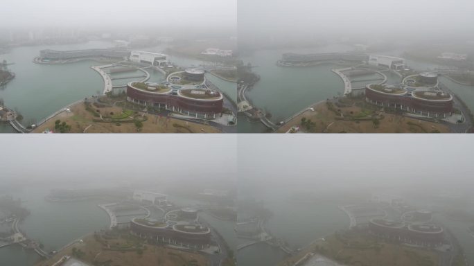 奉贤区博物馆航拍上升远离进云层雾天镜头