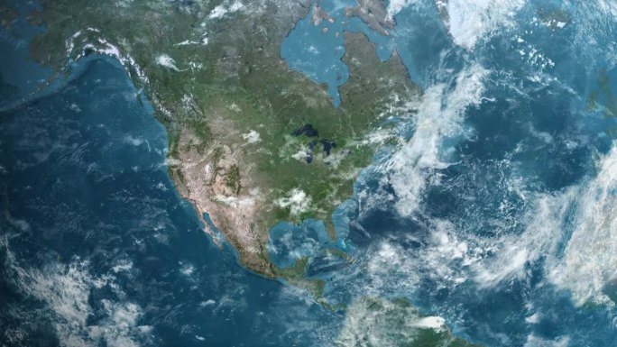 从地球上放大美国伊利诺伊州。美利坚合众国的卫星图像。电影世界地图动画从外太空到领土。美国的概念，亮点