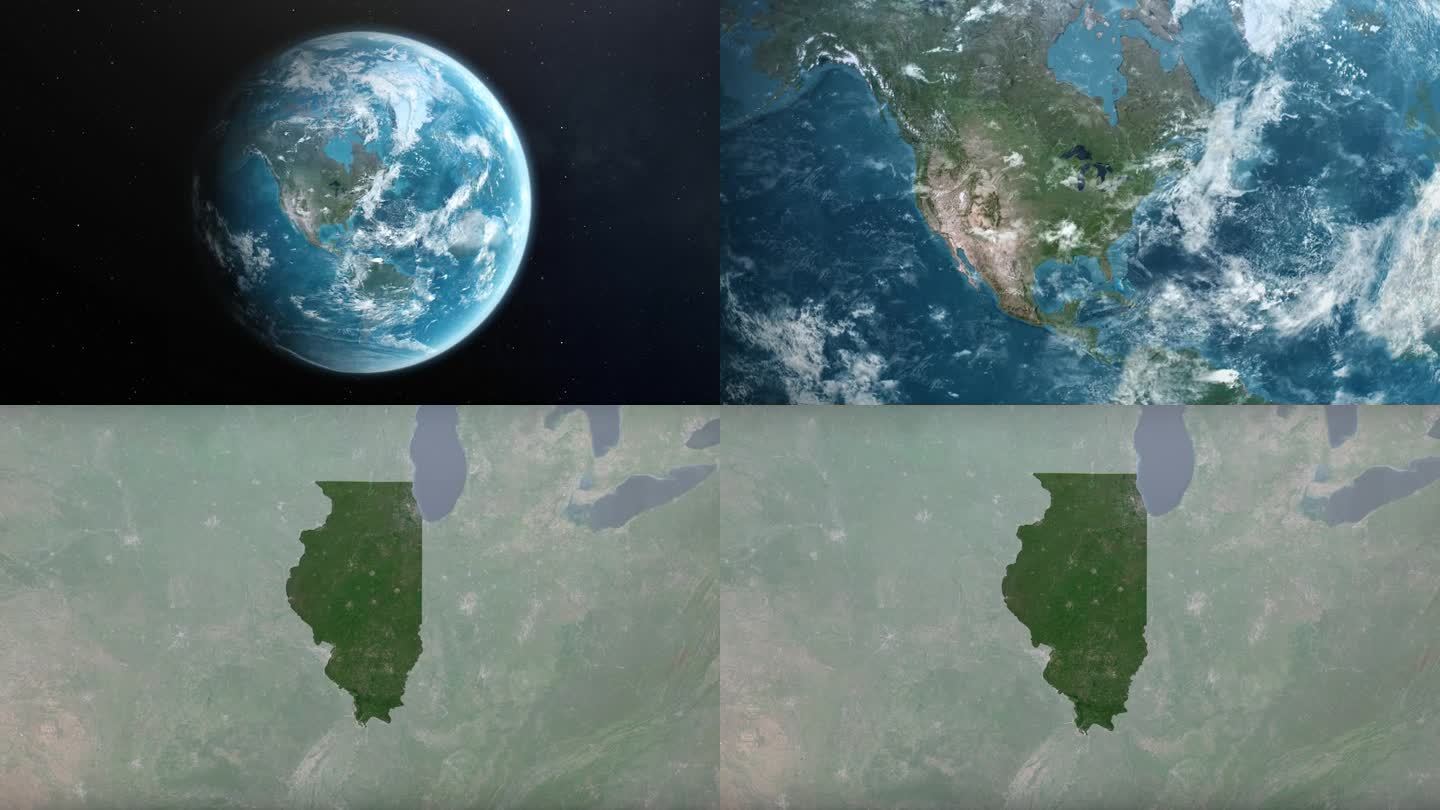 从地球上放大美国伊利诺伊州。美利坚合众国的卫星图像。电影世界地图动画从外太空到领土。美国的概念，亮点