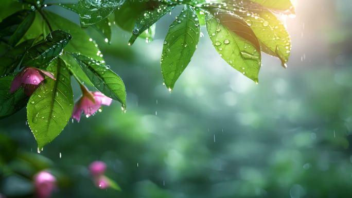 春雨，雨水雨滴落在绿色的树叶上