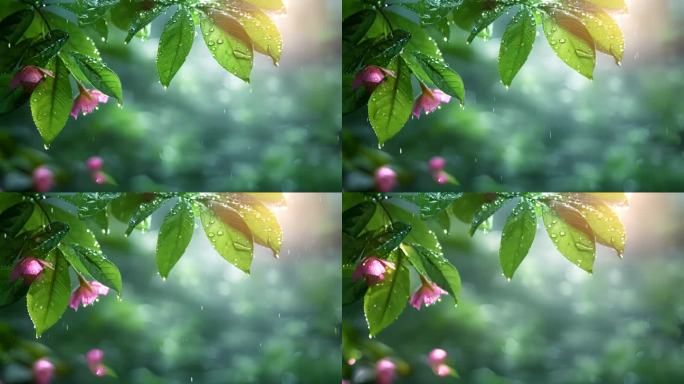 春雨，雨水雨滴落在绿色的树叶上