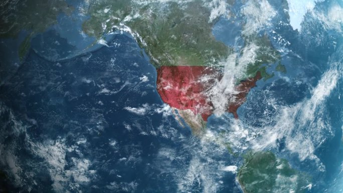 从地球上放大到美国加州。美利坚合众国的卫星图像。电影世界地图动画从外太空到领土。美国的概念，亮点，全