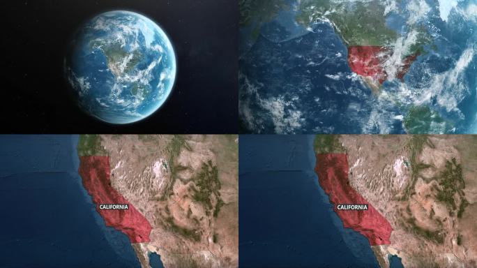 从地球上放大到美国加州。美利坚合众国的卫星图像。电影世界地图动画从外太空到领土。美国的概念，亮点，全