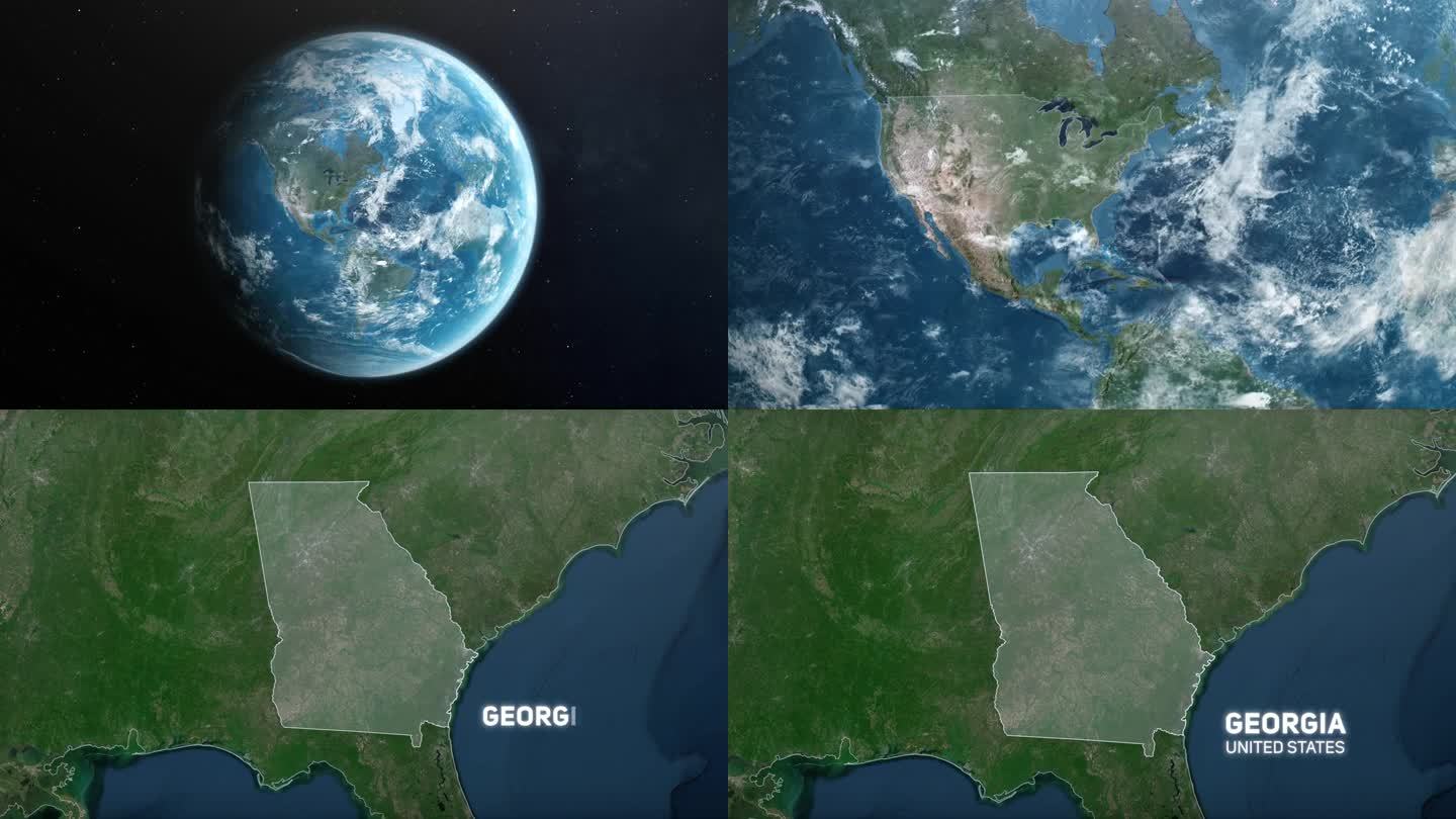 从地球上放大到美国乔治亚州。美利坚合众国的卫星图像。电影世界地图动画从外太空到领土。美国的概念，亮点