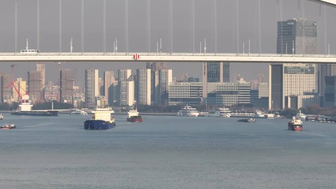 上海黄浦江两岸建筑高楼卢浦大桥江面船只