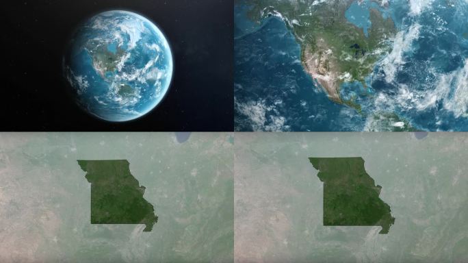 从地球上放大到美国密苏里州。美利坚合众国的卫星图像。电影世界地图动画从外太空到领土。美国的概念，亮点
