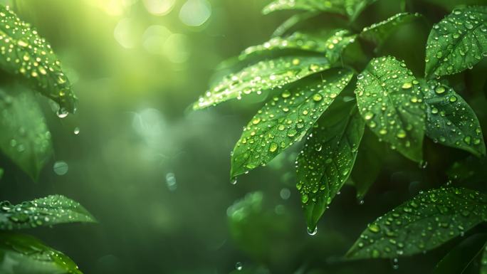 春雨，雨水雨滴落在绿色的树叶上