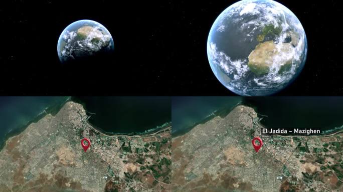 贾迪达-马齐根城市地图从太空缩放到地球，摩洛哥