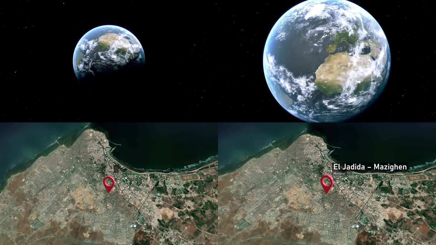 贾迪达-马齐根城市地图从太空缩放到地球，摩洛哥