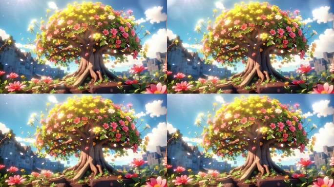 4K三维3D唯美梦幻城市大树花丛童话背景