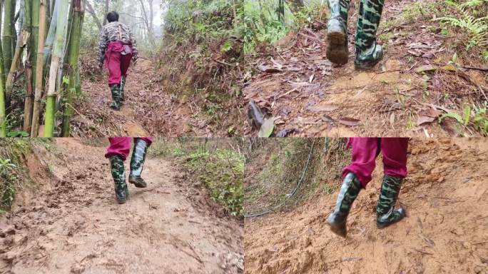 登山爬山脚步踏上泥地土路雨季泥浆泥泞道路