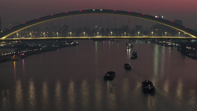 上海黄浦江早晨晨曦朝霞卢浦大桥江面船只