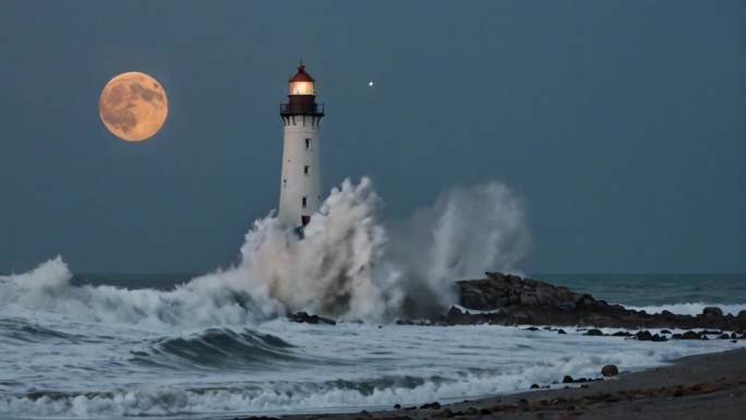 月光下巨浪冲击灯塔