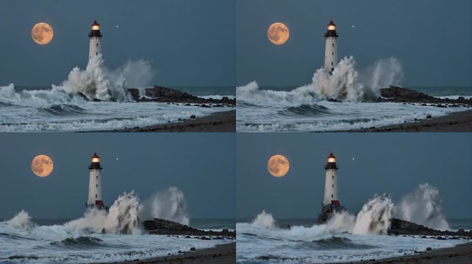 月光下巨浪冲击灯塔