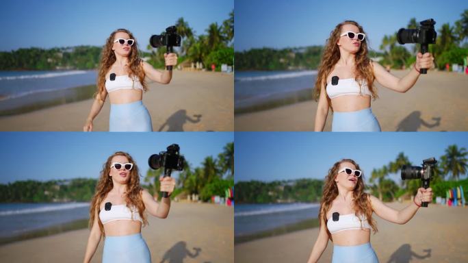 内容创作者用高质量的数码单反拍摄海滩视频，阳光照亮了热带环境。一名女子使用无线麦克风，用旅行日志吸引