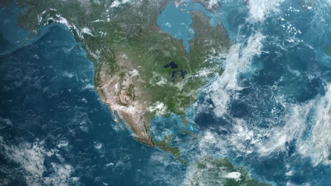 从地球上放大到美国密苏里州。美利坚合众国的卫星图像。电影世界地图动画从外太空到领土。美国的概念，亮点