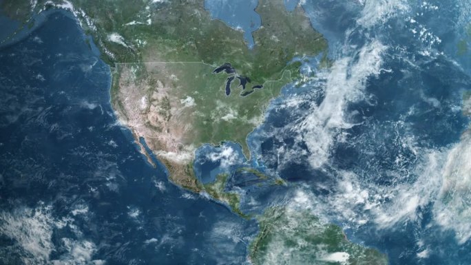 从地球上放大美国阿拉巴马州。美利坚合众国的卫星图像。电影世界地图动画从外太空到领土。美国的概念，亮点