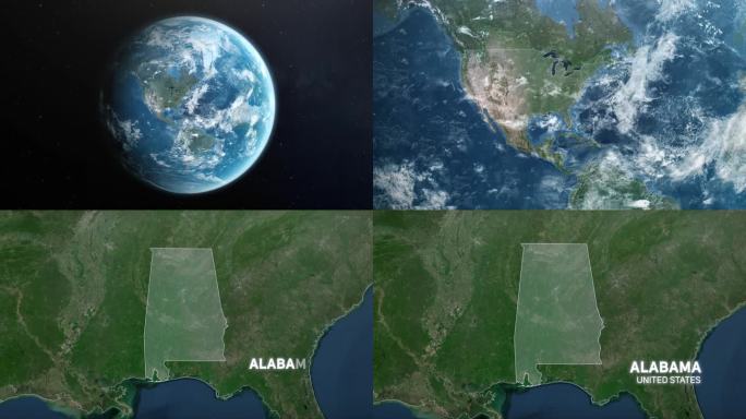 从地球上放大美国阿拉巴马州。美利坚合众国的卫星图像。电影世界地图动画从外太空到领土。美国的概念，亮点