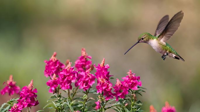 一只红喉蜂鸟在花丛中盘旋