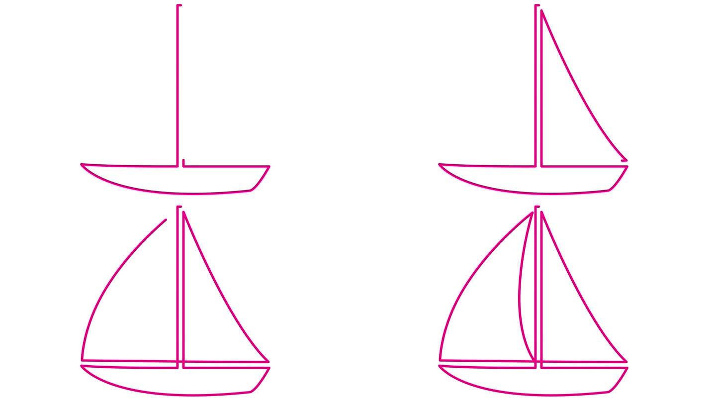 绘制了粉红色的动画游艇。线形洋红色帆船符号。旅游、休闲、航海、帆船赛的概念。毛圈的视频。线矢量插图孤