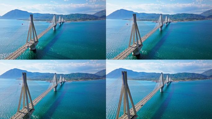 鸟瞰世界上最长的多跨斜拉桥——里约-安提里奥大桥。