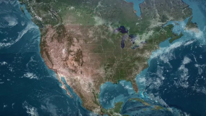 从地球上放大美国。突出显示美国州缩写，美国的卫星视图。电影世界地图动画从外太空到领土。美国的概念，高
