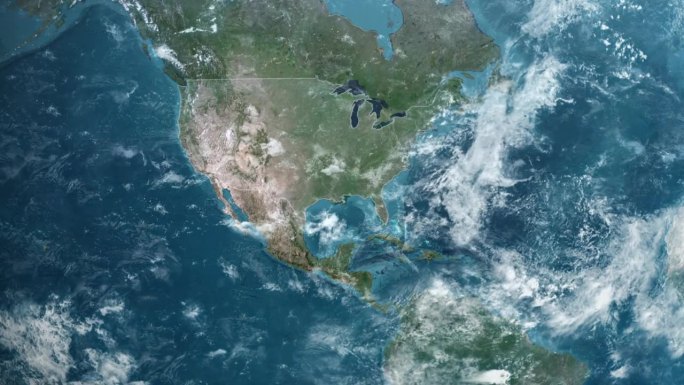 从地球上放大美国路易斯安那州。美利坚合众国的卫星图像。电影世界地图动画从外太空到领土。美国的概念，亮