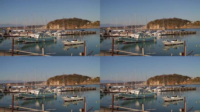 渔港美丽的早晨，停着多艘船