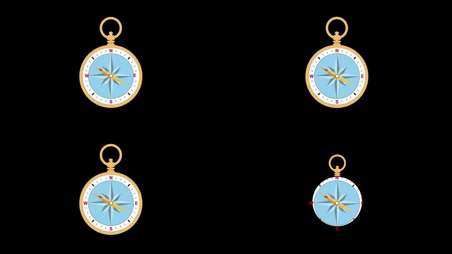 一个金色的指南针与蓝色和白色的脸图标概念循环动画视频与alpha通道