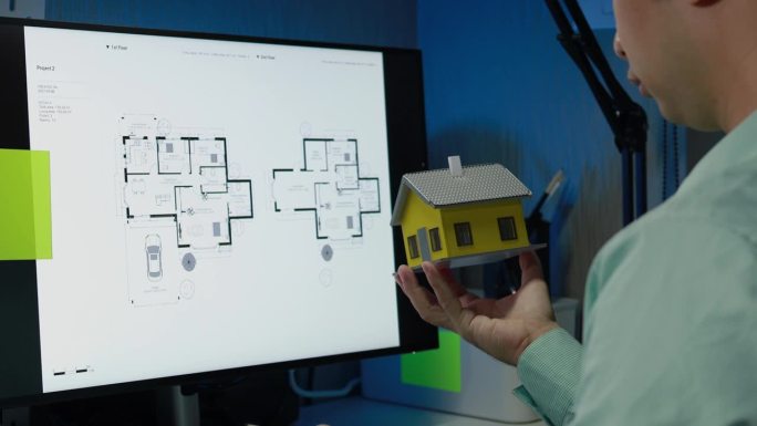 住宅建筑师在与客户会面订购房屋之前，会在电脑上查看房屋平面图，以检查结构和准确性。电脑家居设计。