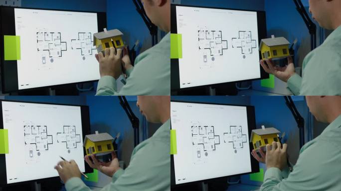 住宅建筑师在与客户会面订购房屋之前，会在电脑上查看房屋平面图，以检查结构和准确性。电脑家居设计。