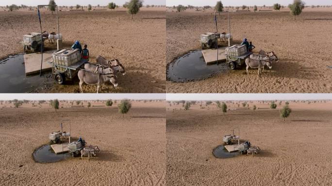 航拍缩小。在塞内加尔撒哈拉沙漠的萨赫勒地区，一名黑人在驴车后面装着一个塑料容器，里面装满了深井里的饮