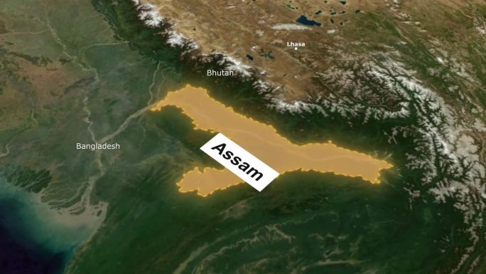 印度阿萨姆邦或省的卫星地图，带有显示区域的动画。
