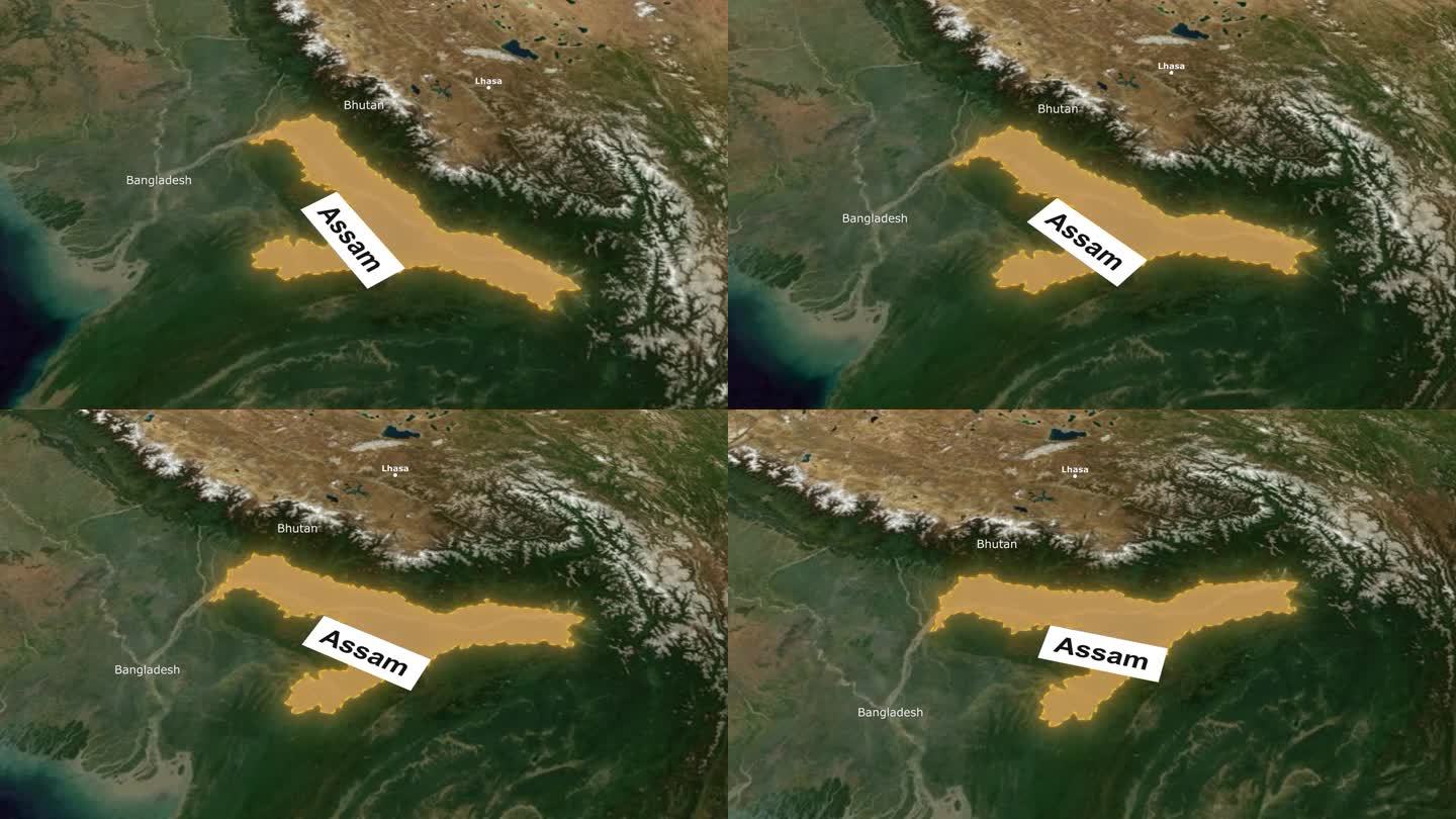 印度阿萨姆邦或省的卫星地图，带有显示区域的动画。
